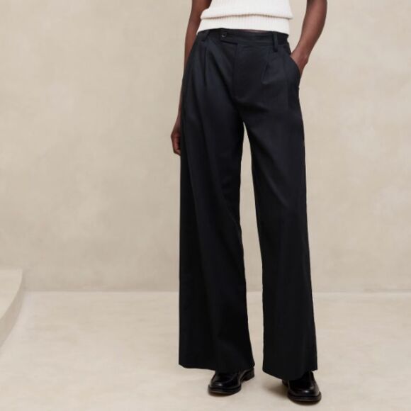 BANANA REPUBLIC Linen-Blend Wide-Leg Pleated Pant, Black, Size 12 - Picture 1 of 8